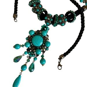 Vintage Faux Turquoise And Crystal Necklace On Twisted Cord Chain